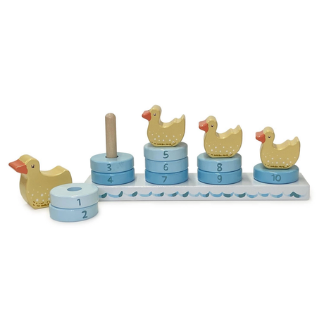Wooden counting game with ducks and numbered rings on a white background