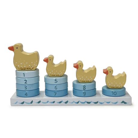 Stacking toy with ducks and numbered blue rings on a white background