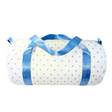 White duffle with blue star pattern and blue satin straps on a white background