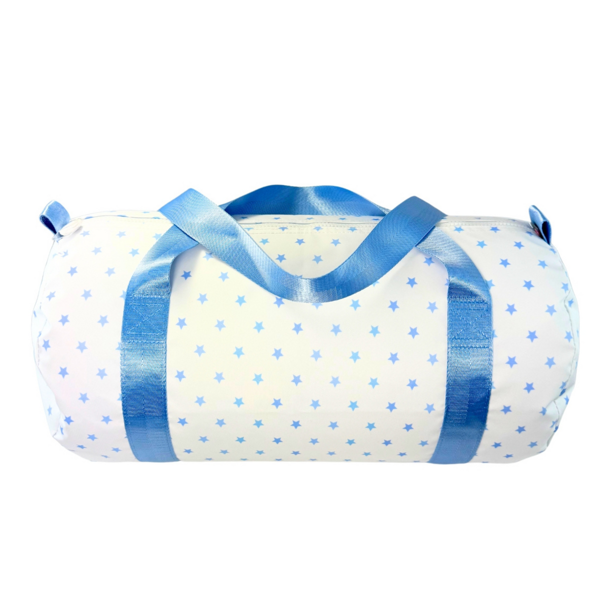 White duffle with blue star pattern and blue satin straps on a white background
