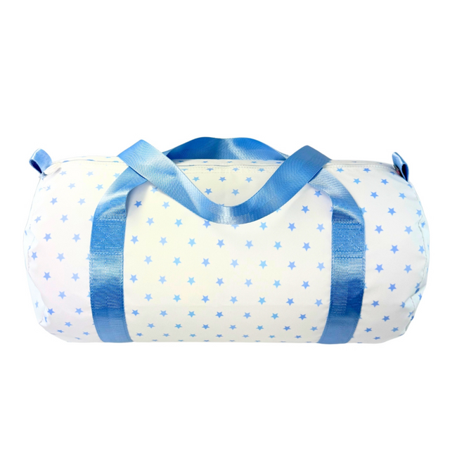White duffle with blue star pattern and blue satin straps on a white background