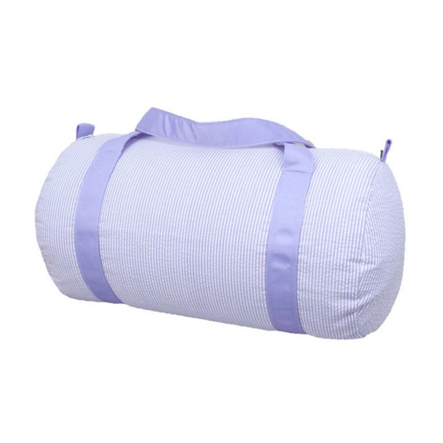 white and purple stripe duffle bag with purple straps on a white background