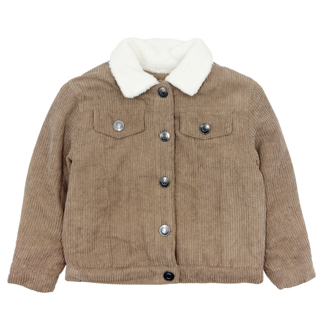 brown corduroy jacket with white sherpa collar on white background
