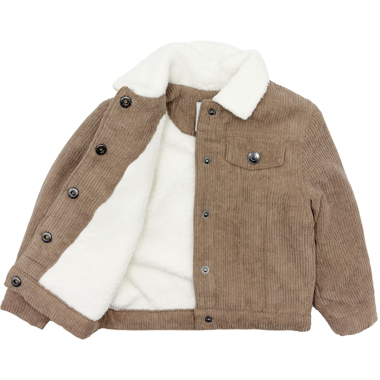 Brown corduroy jacket with white fleece lining on a white background