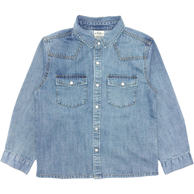 denim long sleeve top on a white background