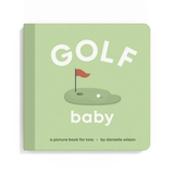 Book titled 'Golf Baby' with a golf course illustration on a green background