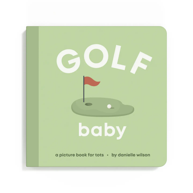Book titled 'Golf Baby' with a golf course illustration on a green background