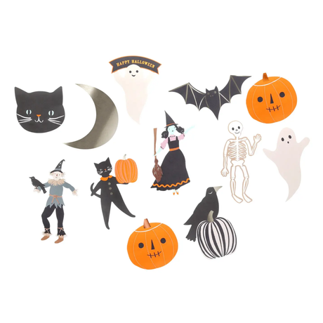 Set of Halloween-themed illustrations including pumpkins, ghosts, cats, and a witch on a white background.