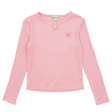 pink long sleeve top with dark pink butterfly embroidery on left chest side on a white background
