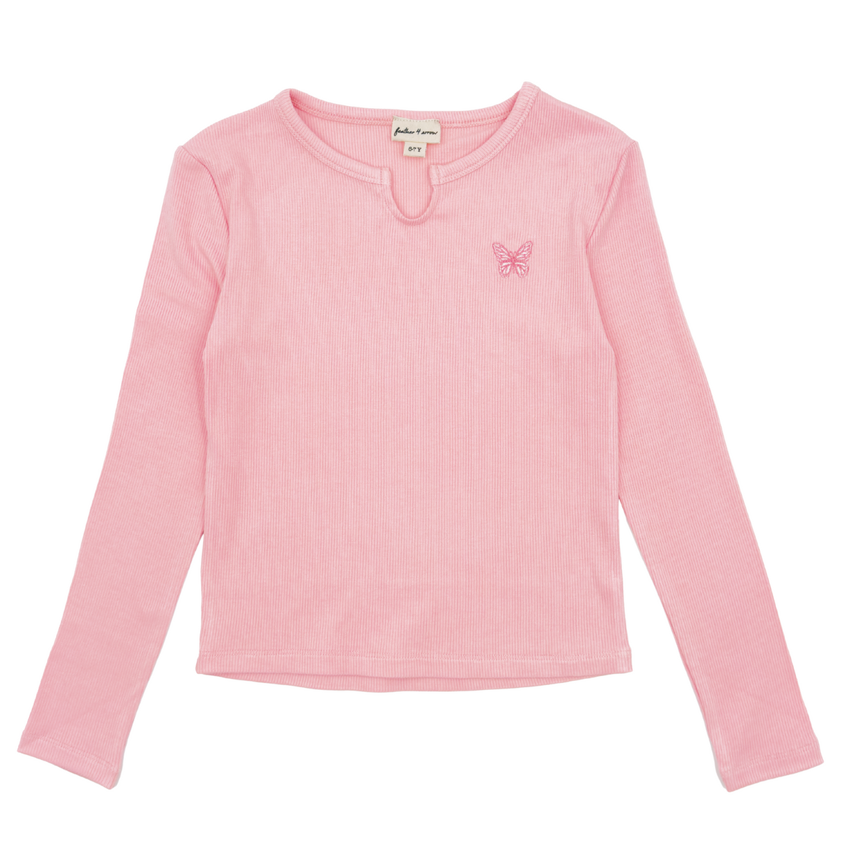pink long sleeve top with dark pink butterfly embroidery on left chest side on a white background