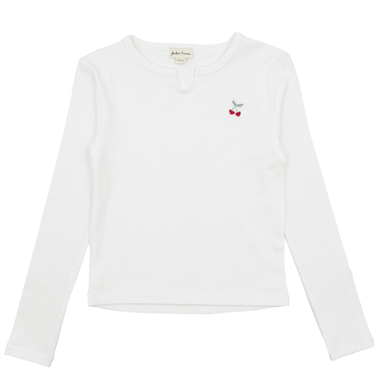 white long sleeve top with cherry embroidery on the left chest side on a white background