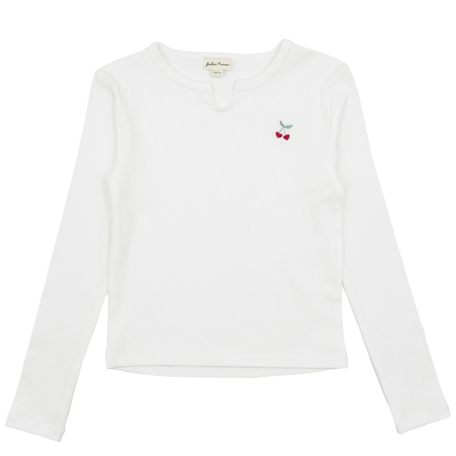 white long sleeve top with cherry embroidery on the left chest side on a white background