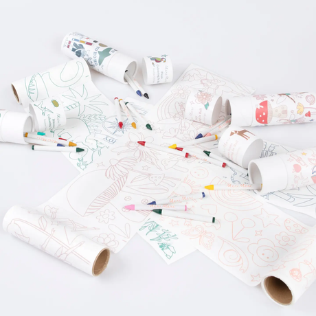 Colorful paper cups with designs on a white background