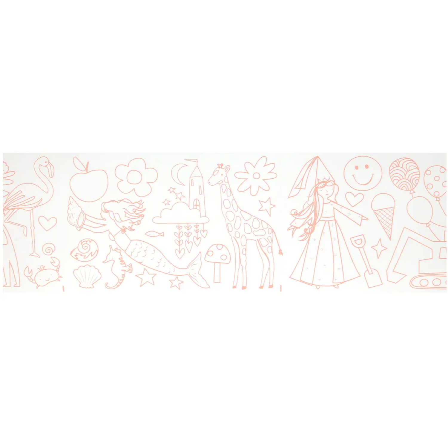 Decorative border with illustrations of a girl, animals, and flowers on a white background