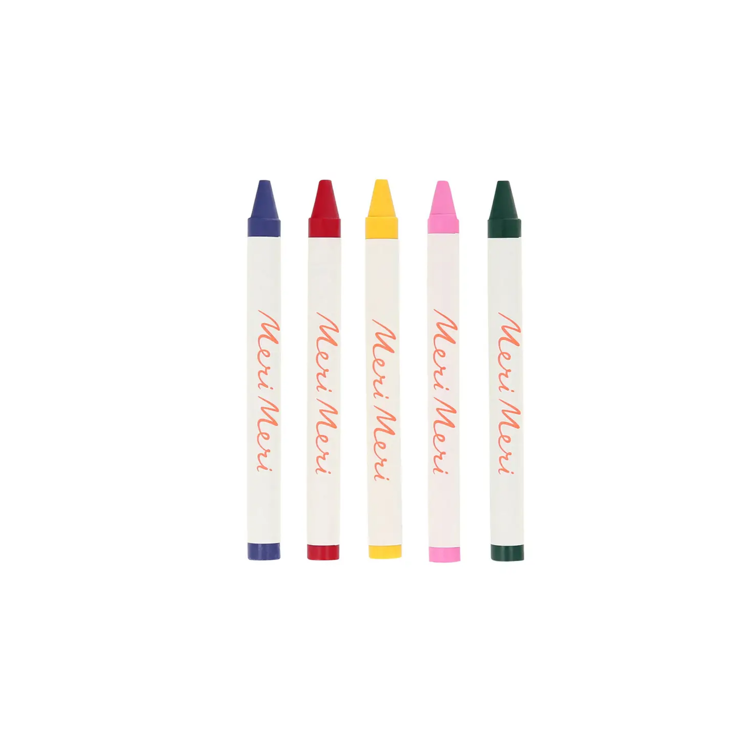 Five colorful crayons with 'Meri Meri' branding on a white background
