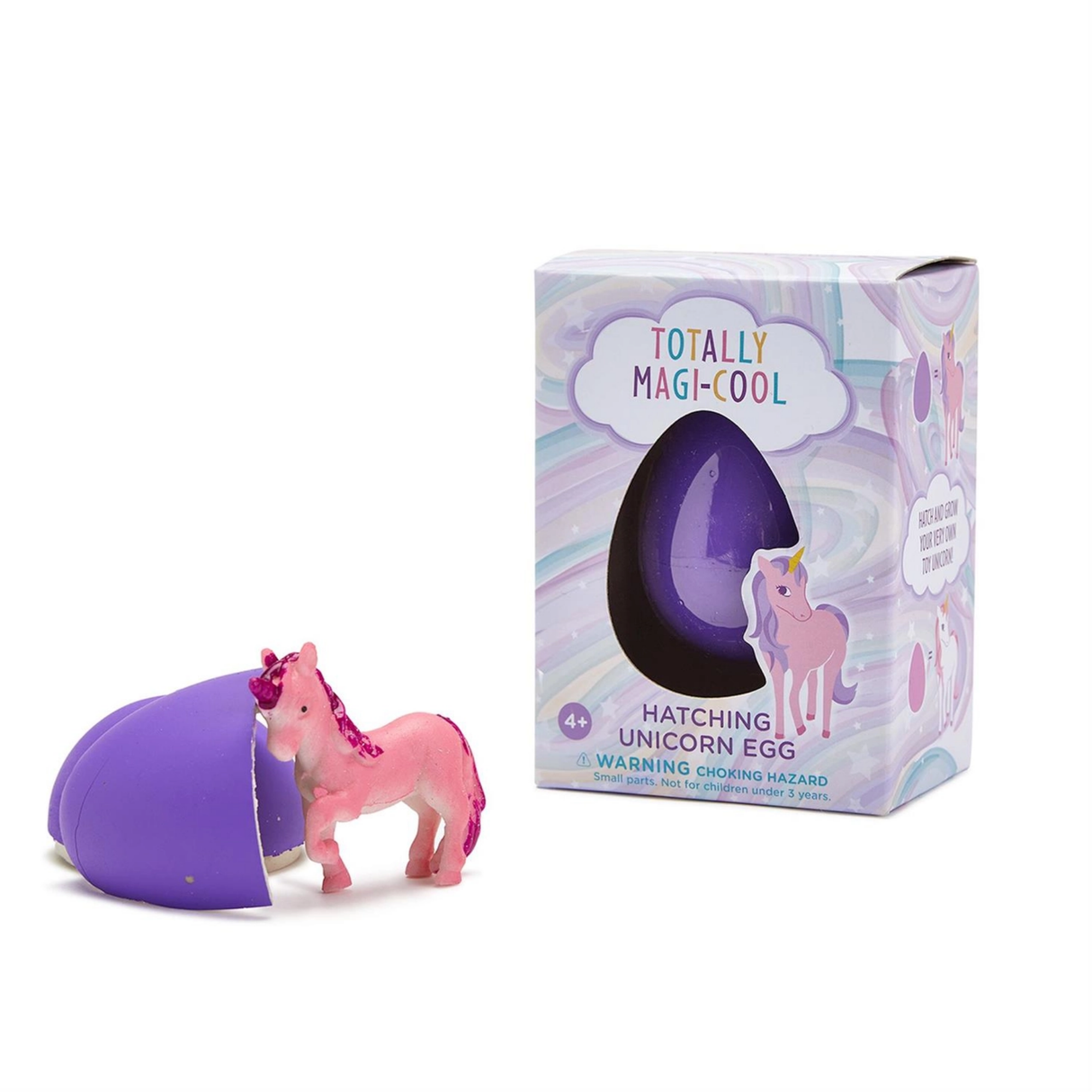 Unicorn toy and box on white background