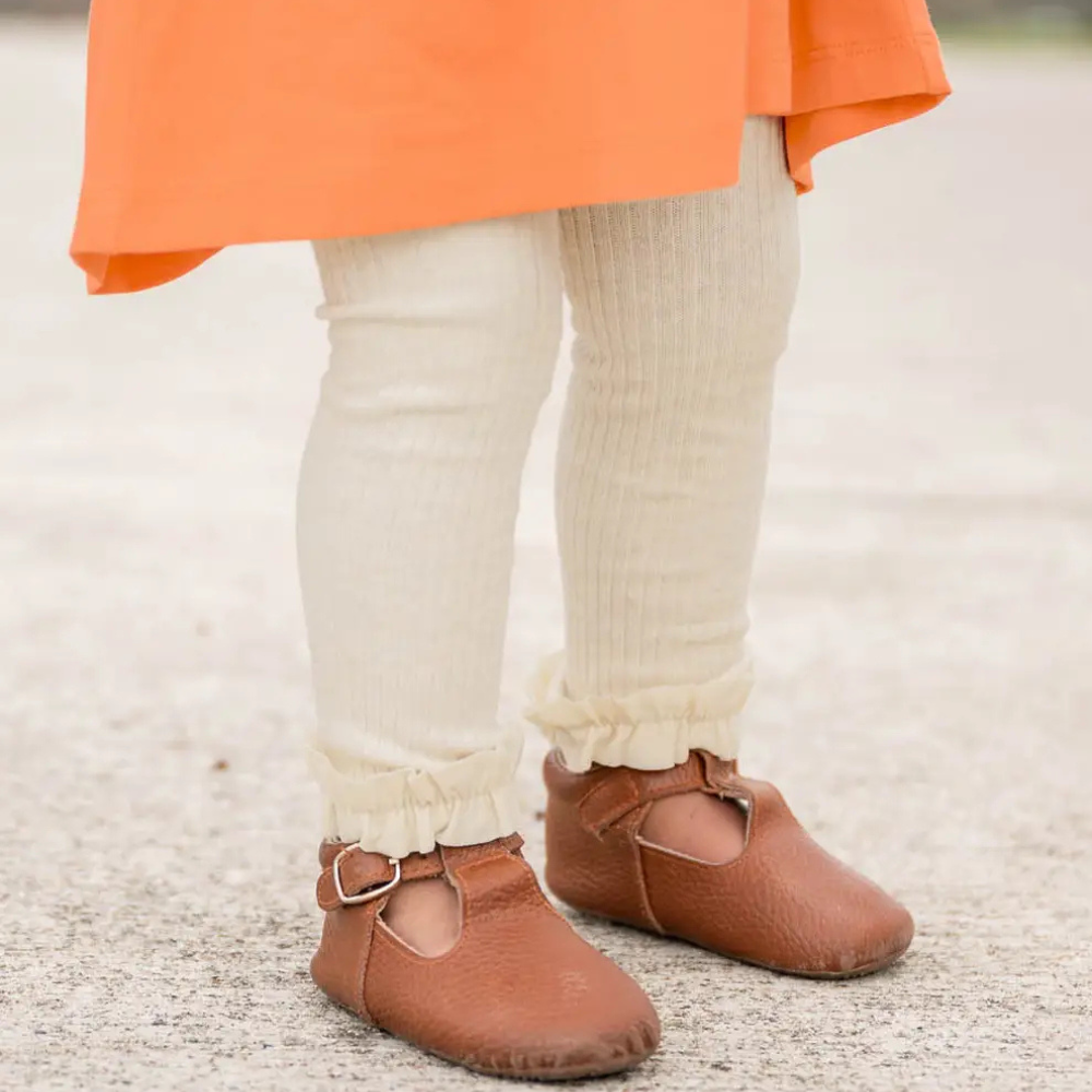 Heather Oatmeal Rib Knit Footless Ruffled Tights