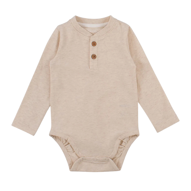 Heather Oatmeal Knit Long Sleeve 2-Button Henley Bodysuit