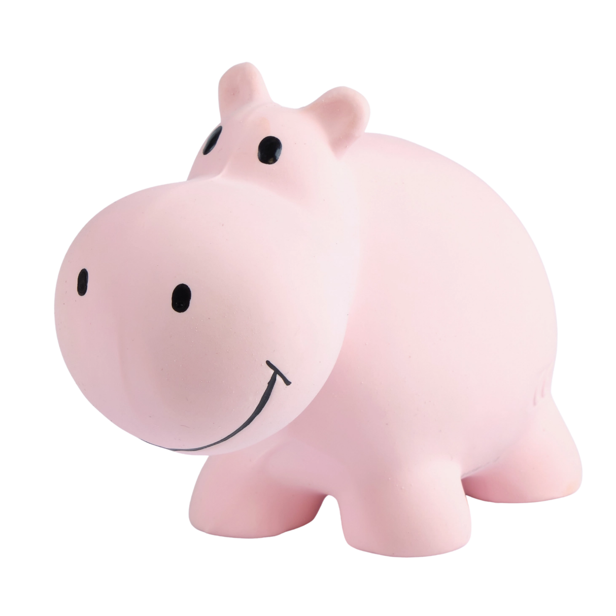 Pink hippo toy with a smiley face on a white background