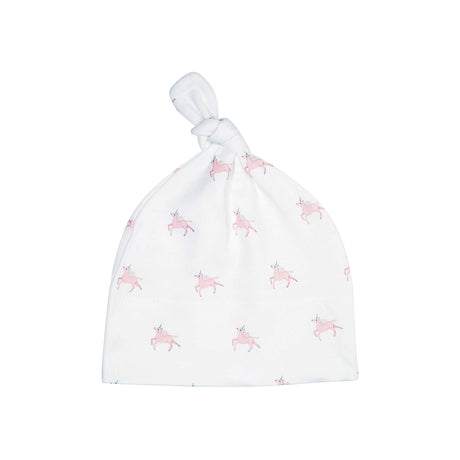 White baby hat with pink unicorn pattern on a white background