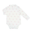 White baby bodysuit with pink unicorn pattern on a white background