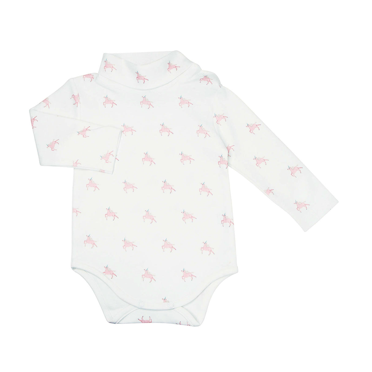 White baby bodysuit with pink unicorn pattern on a white background