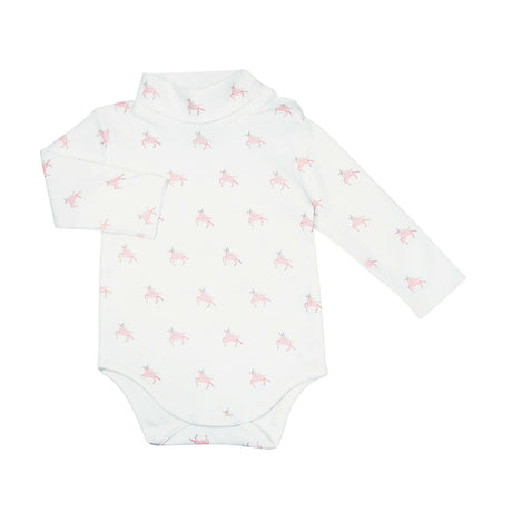 White baby bodysuit with pink unicorn pattern on a white background