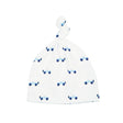 White baby hat with blue car pattern on a white background