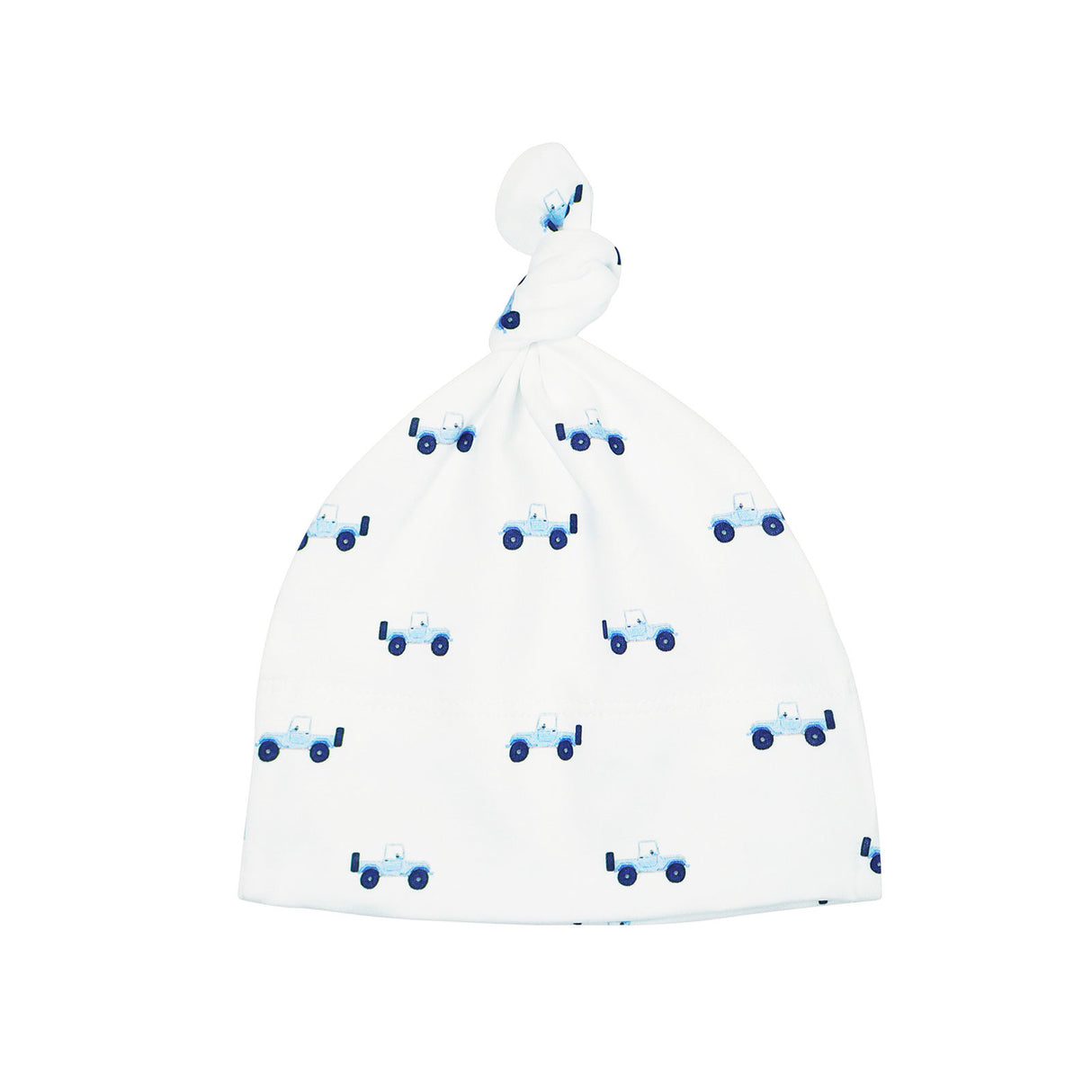 White baby hat with blue car pattern on a white background