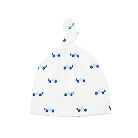White baby hat with blue car pattern on a white background