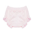 Pink baby bloomers with ruffles on a white background