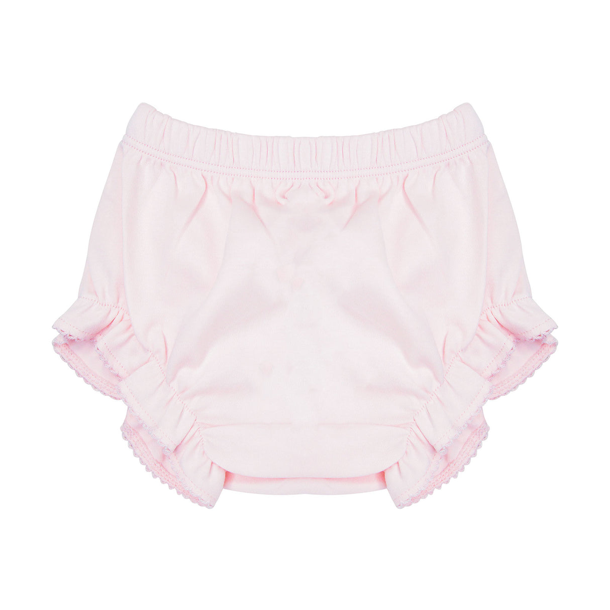 Pink baby bloomers with ruffles on a white background