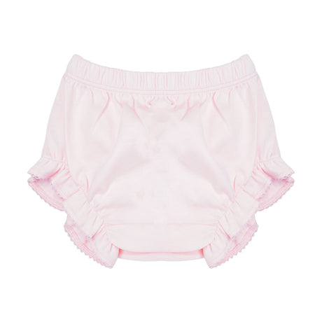 Pink baby bloomers with ruffles on a white background