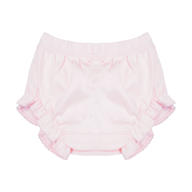Pink baby bloomers with ruffles on a white background