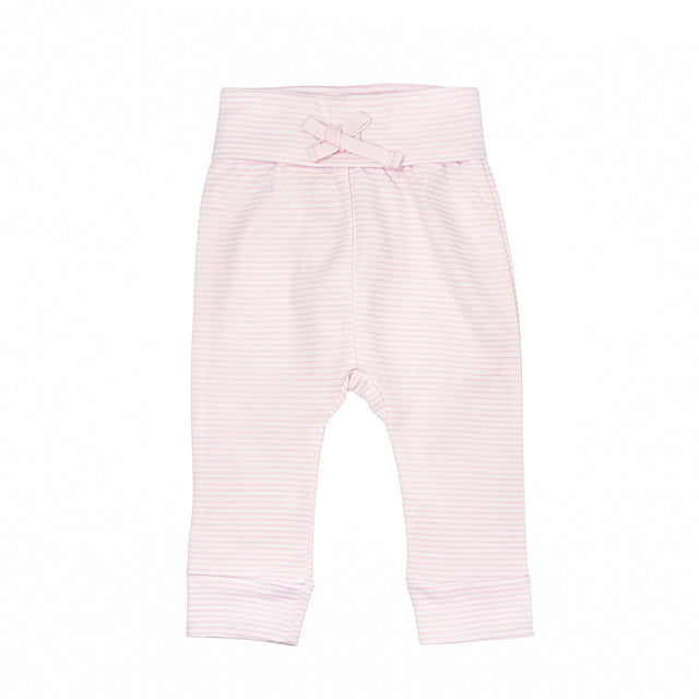 Pink striped baby leggings on a white background