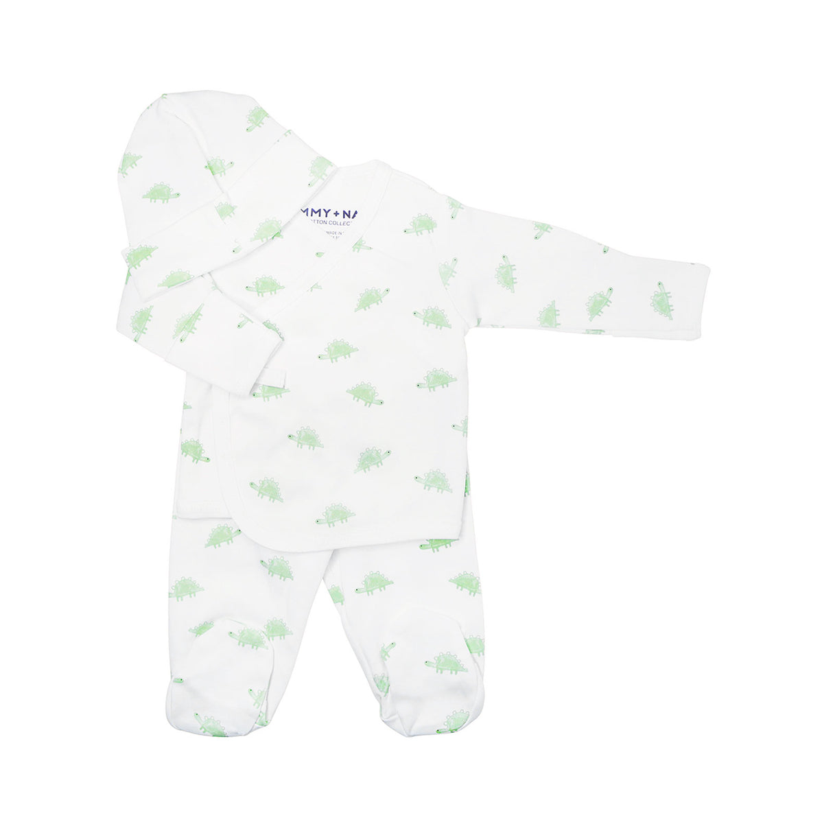 White baby onesie with green pattern on a white background