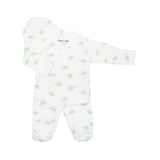 White baby onesie with green pattern on a white background