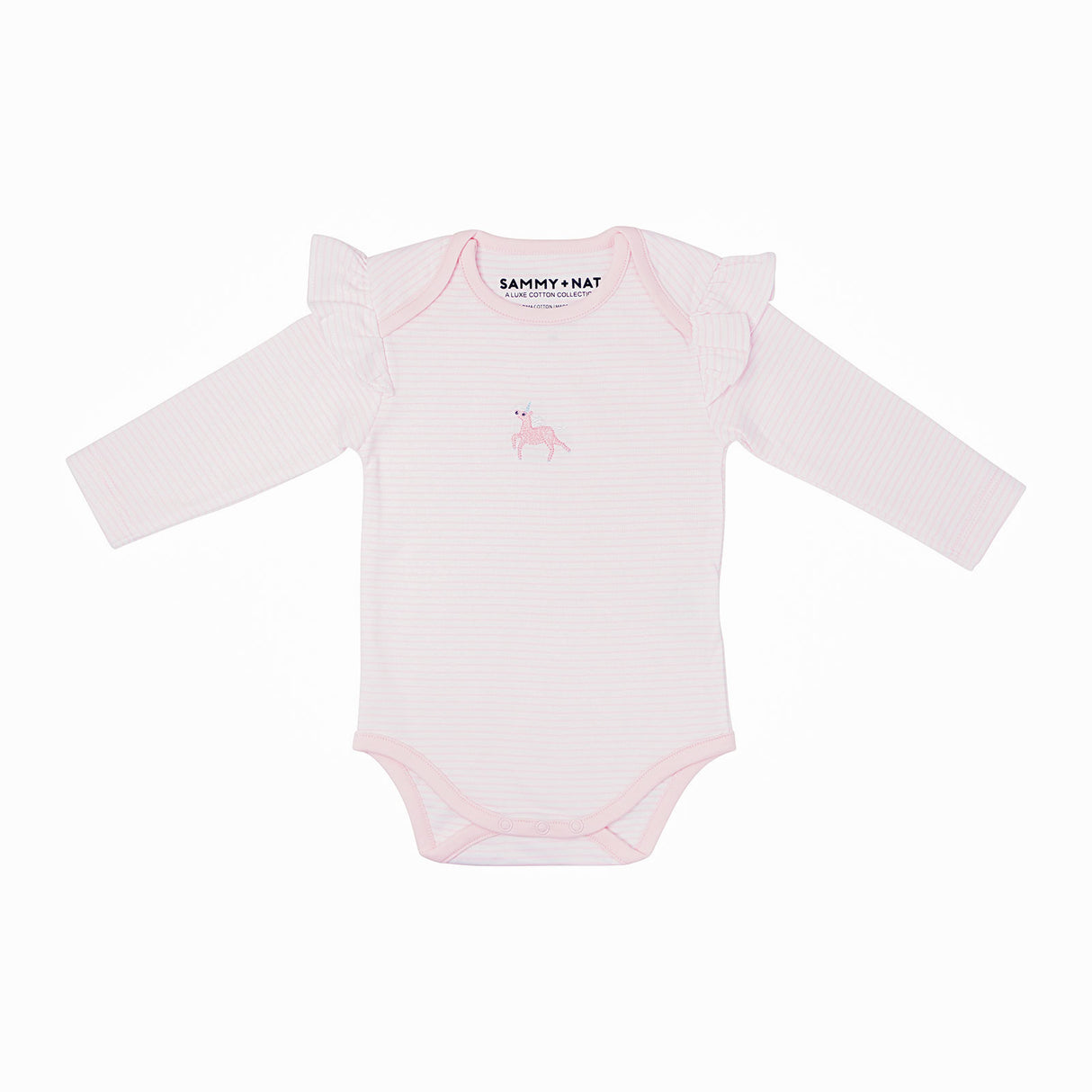 Ruffle Onesie Long Sleeve in Pink Stripe/Unicorn