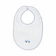 White baby bib with blue trim and a small blue truck design on a white background