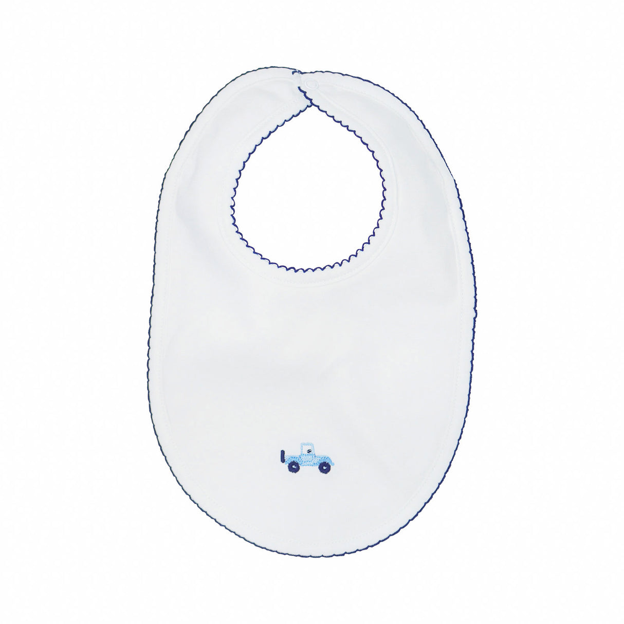 White baby bib with blue trim and a small blue truck design on a white background