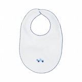 White baby bib with blue trim and a small blue truck design on a white background