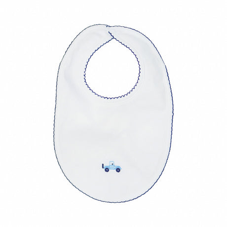 White baby bib with blue trim and a small blue truck design on a white background