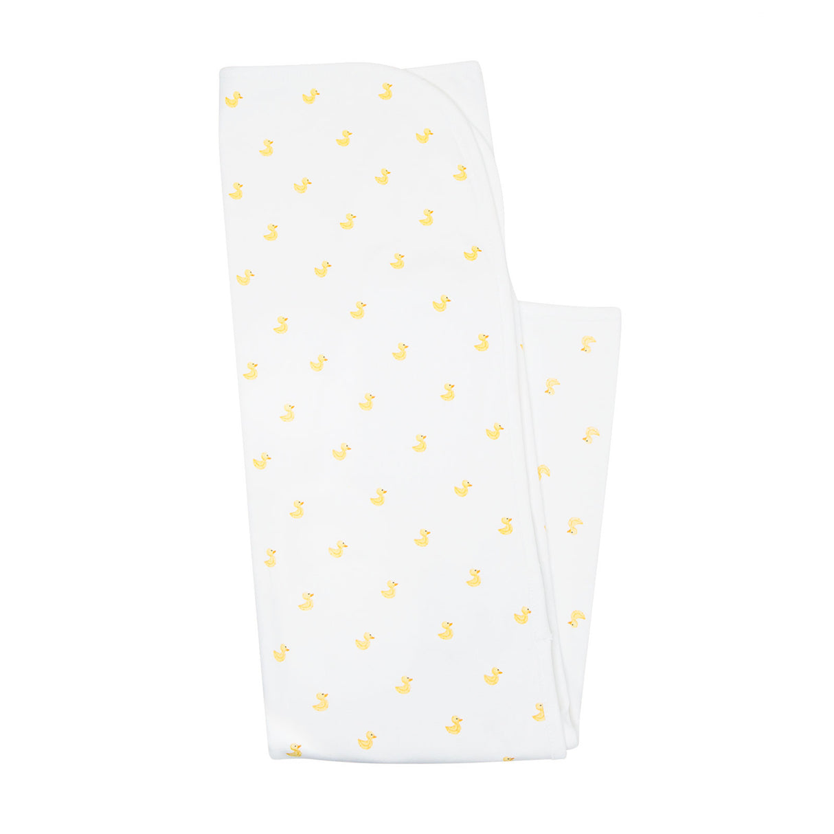 White baby blanket with yellow duck pattern on a white background