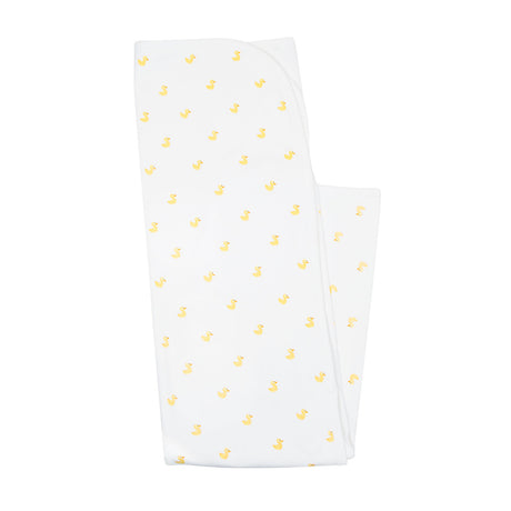 White baby blanket with yellow duck pattern on a white background