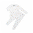 White baby outfit with long-sleeve top and pants featuring small animal prints on a white background.