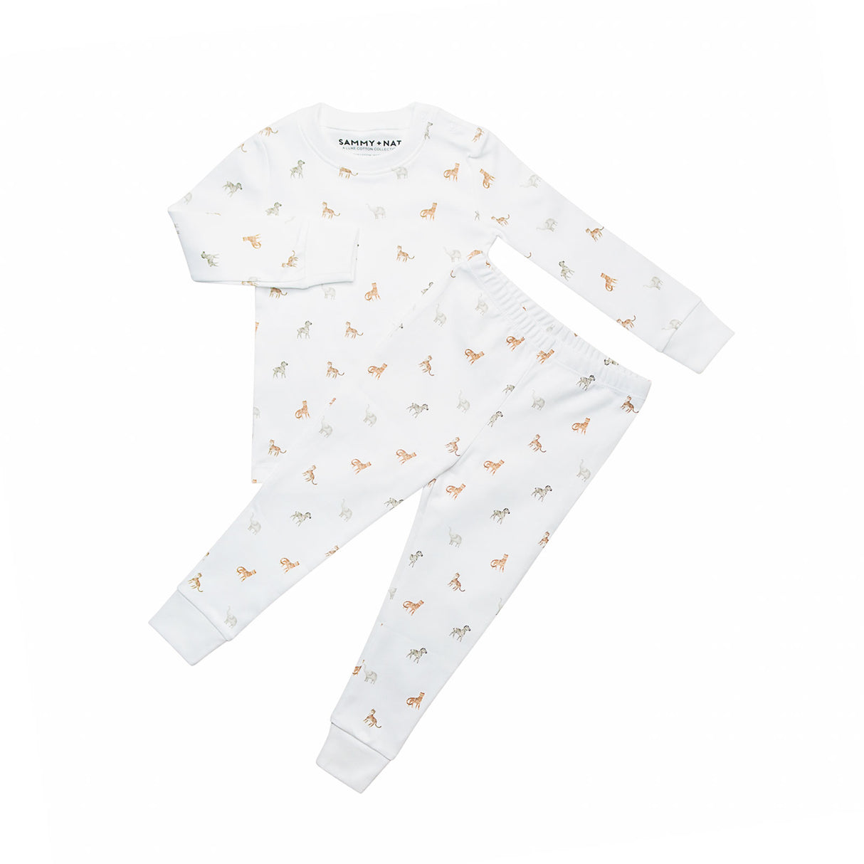 White baby outfit with long-sleeve top and pants featuring small animal prints on a white background.