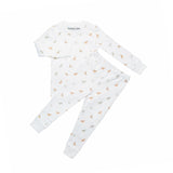 White baby outfit with long-sleeve top and pants featuring small animal prints on a white background.