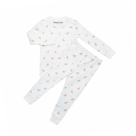 White baby outfit with long-sleeve top and pants featuring small animal prints on a white background.