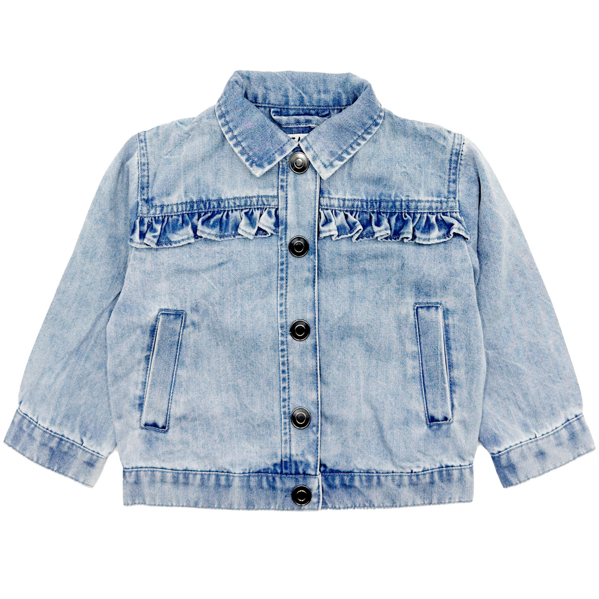 denim jacket with denim ruffle on the chest on a white background