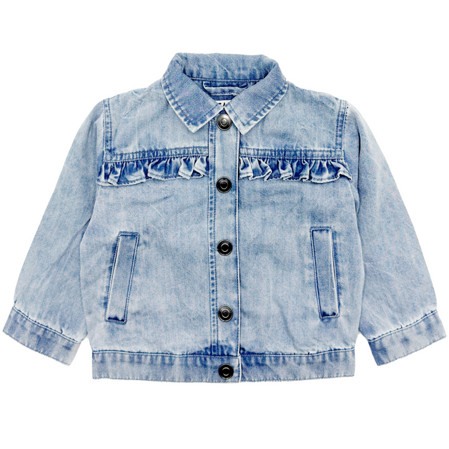 denim jacket with denim ruffle on the chest on a white background